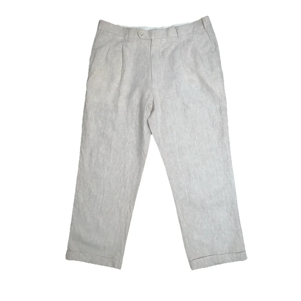 Haspel Linen Pants Oxford Dress Mens 38R Pleated Cuffed Beige Tan Summer Preppy